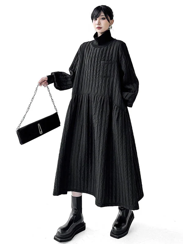 A-Line Long Sleeves Embossed Pockets Quilted Solid Color Split-Joint High Neck Midi Dresses Sweater Dresses - Image 7