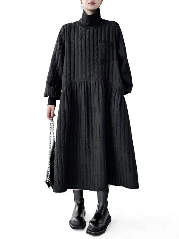 A-Line Long Sleeves Embossed Pockets Quilted Solid Color Split-Joint High Neck Midi Dresses Sweater Dresses - Image 8
