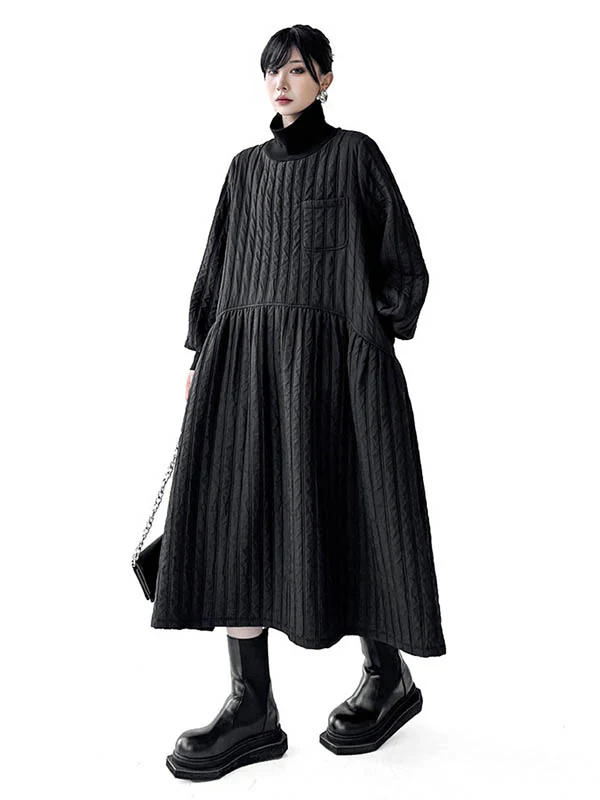 A-Line Long Sleeves Embossed Pockets Quilted Solid Color Split-Joint High Neck Midi Dresses Sweater Dresses - Image 9