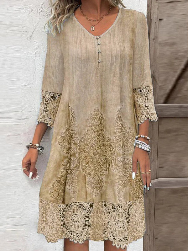 A-Line Long Sleeves Flower-Embellished Buttoned Contrast Color Split-Joint V-Neck Midi Dresses - Image 3