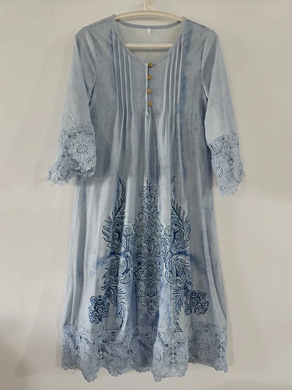 A-Line Long Sleeves Flower-Embellished Buttoned Contrast Color Split-Joint V-Neck Midi Dresses - Image 4