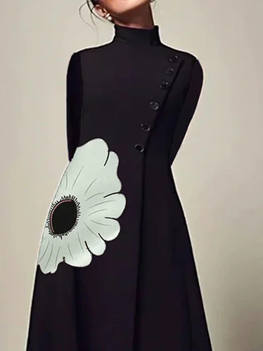 A-Line Long Sleeves Flower Print High Neck Midi Dresses - Image 2