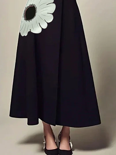 A-Line Long Sleeves Flower Print High Neck Midi Dresses - Image 3