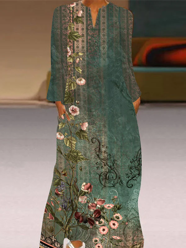 A-Line Long Sleeves Flower Print Pockets V-Neck Maxi Dresses - Image 2