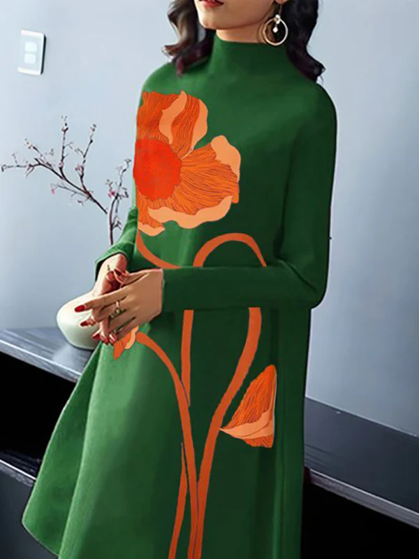 A-Line Long Sleeves Flower Print Split-Joint High Neck Midi Dresses - Image 2