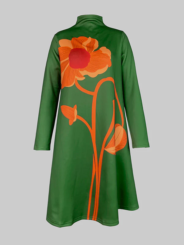 A-Line Long Sleeves Flower Print Split-Joint High Neck Midi Dresses - Image 3