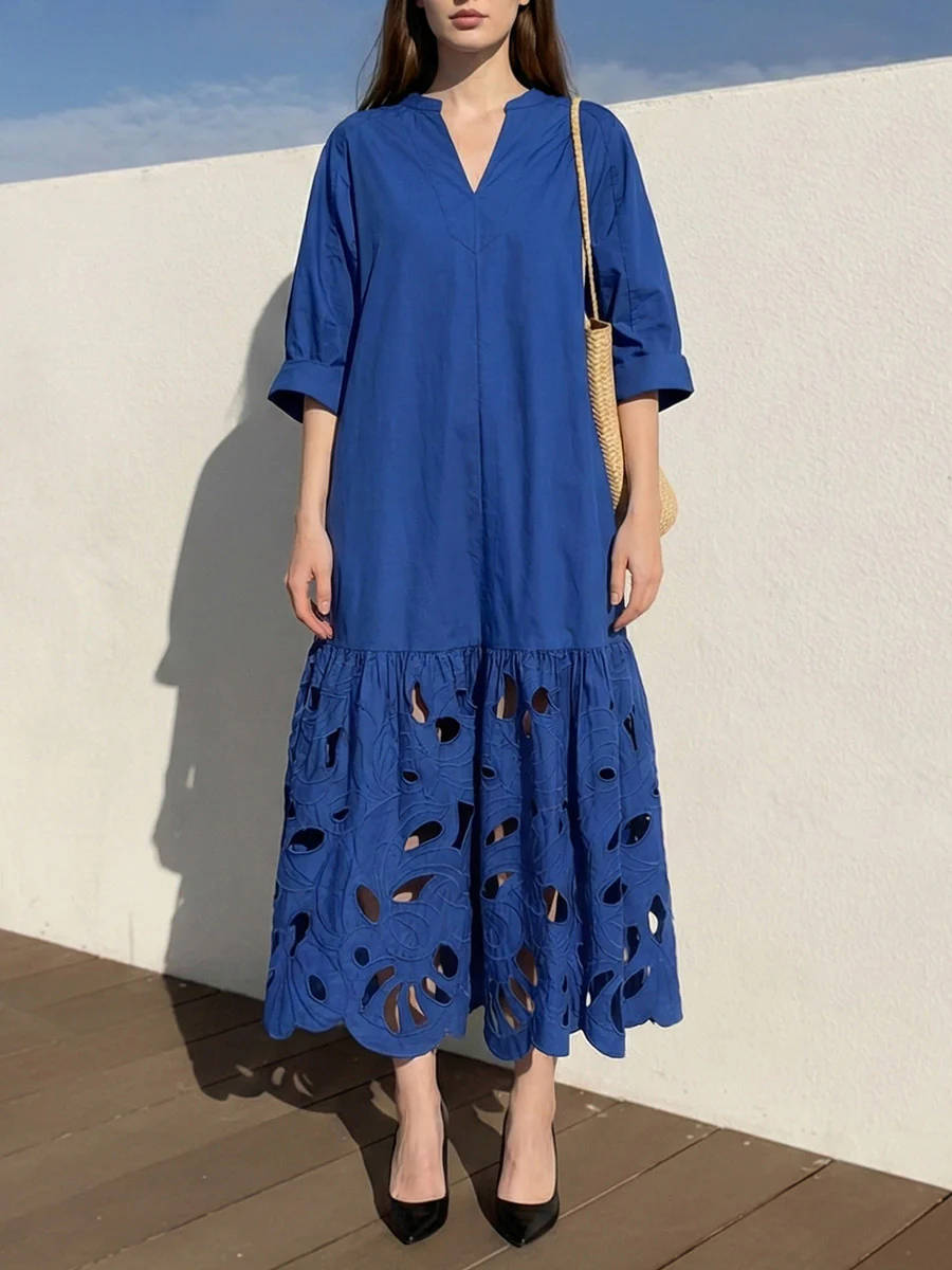 A-Line Long Sleeves Hollow Pleated Solid Color Split-Joint V-Neck Maxi Dresses - Image 2