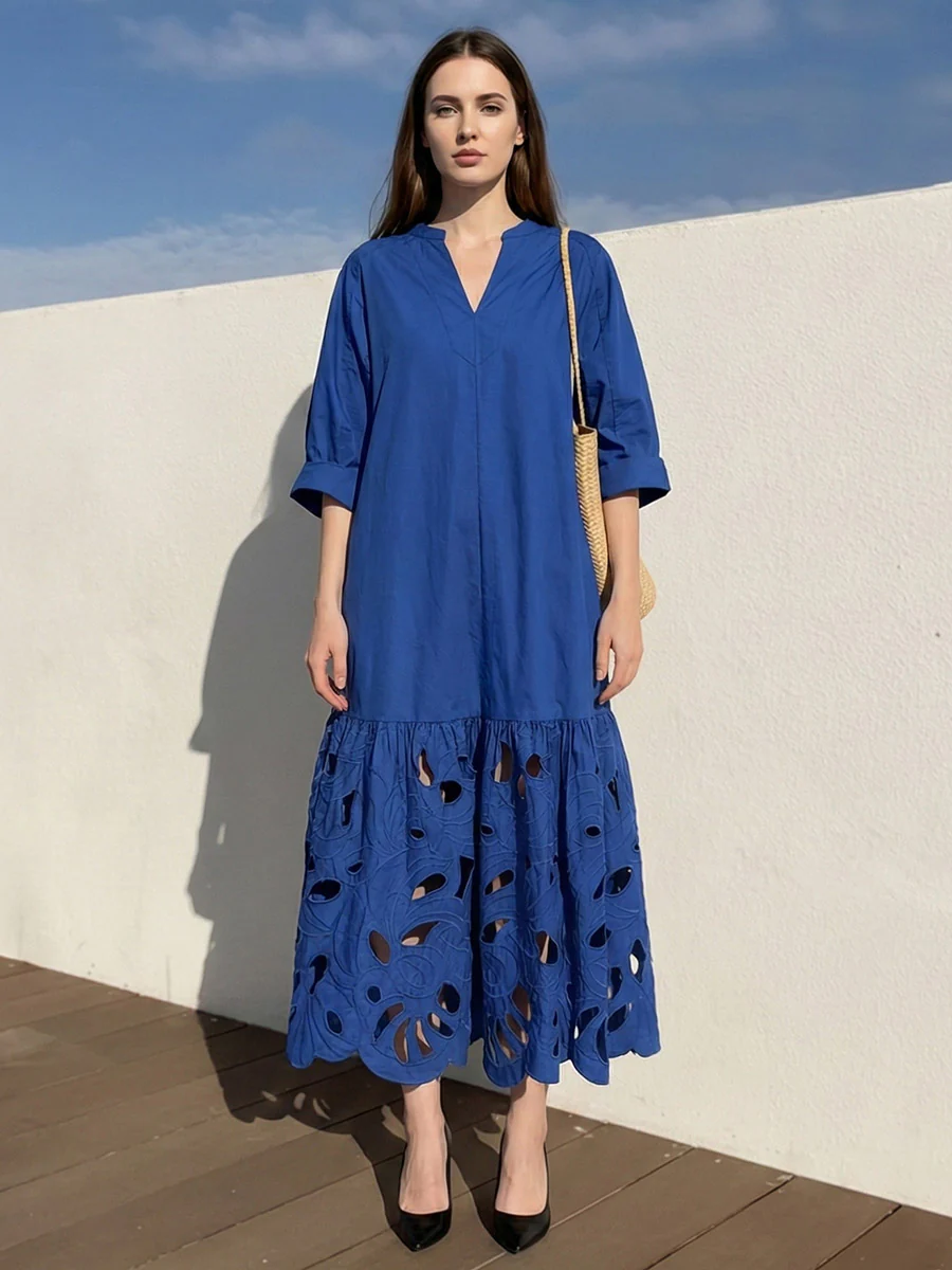 A-Line Long Sleeves Hollow Pleated Solid Color Split-Joint V-Neck Maxi Dresses - Image 3