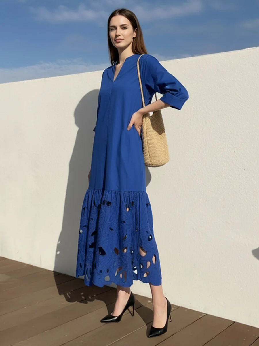 A-Line Long Sleeves Hollow Pleated Solid Color Split-Joint V-Neck Maxi Dresses - Image 4