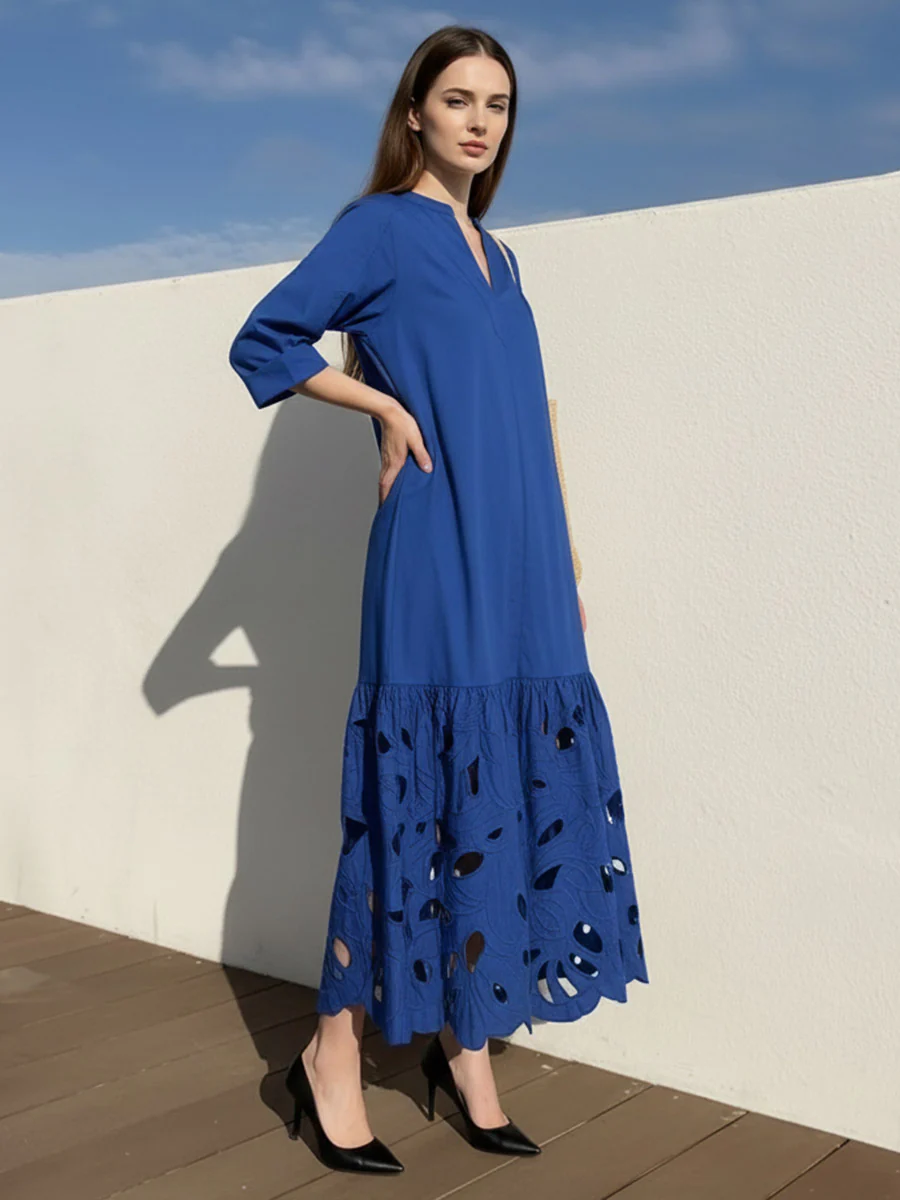 A-Line Long Sleeves Hollow Pleated Solid Color Split-Joint V-Neck Maxi Dresses - Image 5