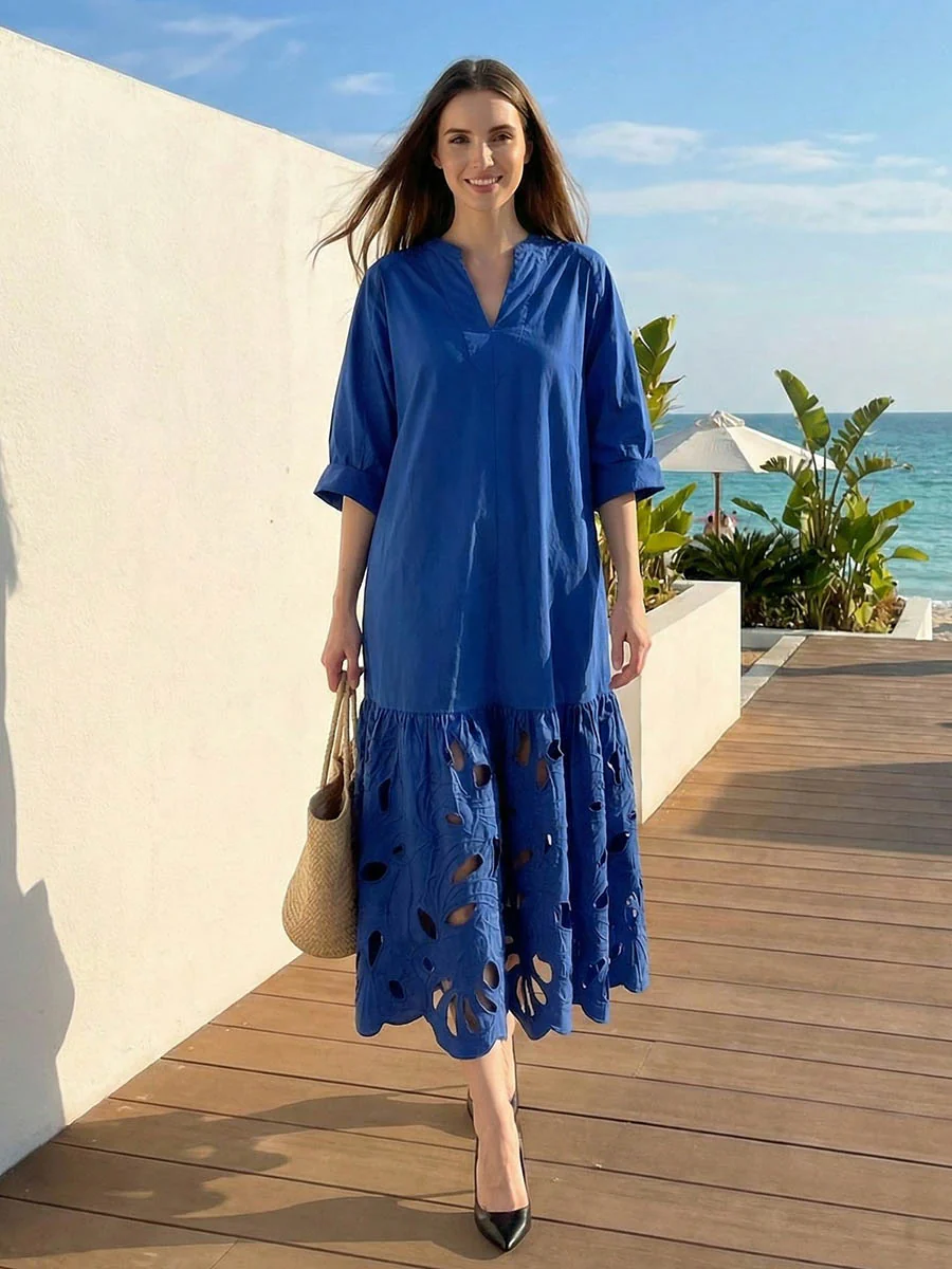 A-Line Long Sleeves Hollow Pleated Solid Color Split-Joint V-Neck Maxi Dresses - Image 6