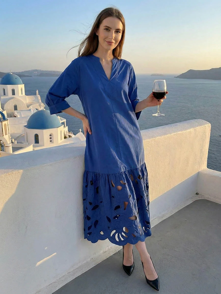 A-Line Long Sleeves Hollow Pleated Solid Color Split-Joint V-Neck Maxi Dresses - Image 7