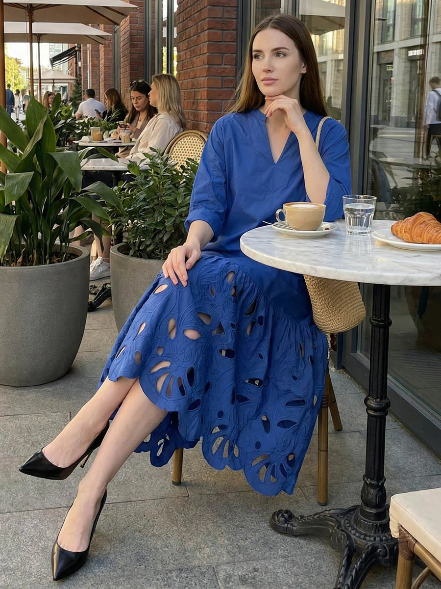 A-Line Long Sleeves Hollow Pleated Solid Color Split-Joint V-Neck Maxi Dresses - Image 8