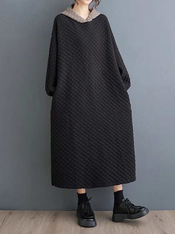 A-Line Long Sleeves Hooded Quilted Split-Side Midi Dresses