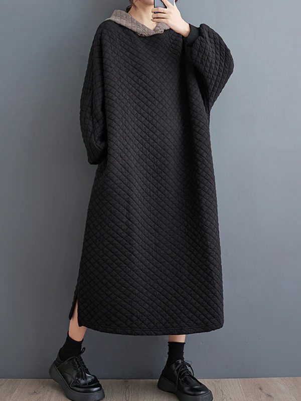 A-Line Long Sleeves Hooded Quilted Split-Side Midi Dresses - Image 2