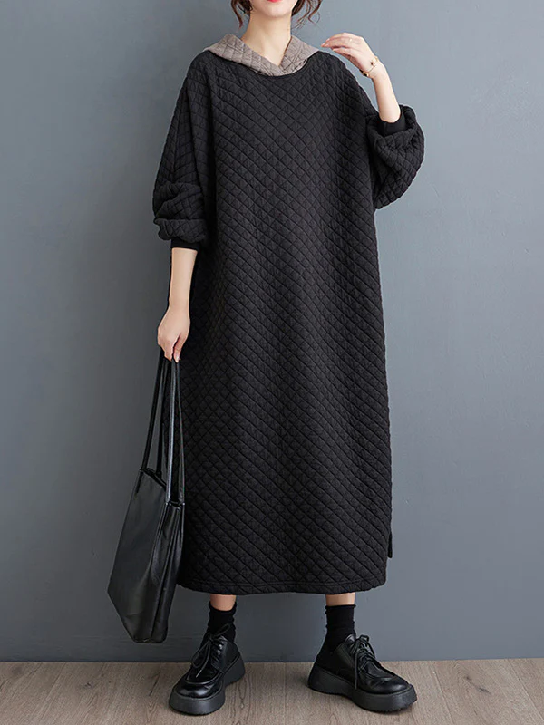 A-Line Long Sleeves Hooded Quilted Split-Side Midi Dresses - Image 3