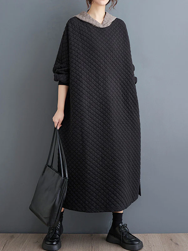 A-Line Long Sleeves Hooded Quilted Split-Side Midi Dresses - Image 4