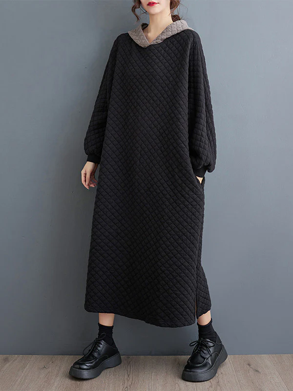 A-Line Long Sleeves Hooded Quilted Split-Side Midi Dresses - Image 5