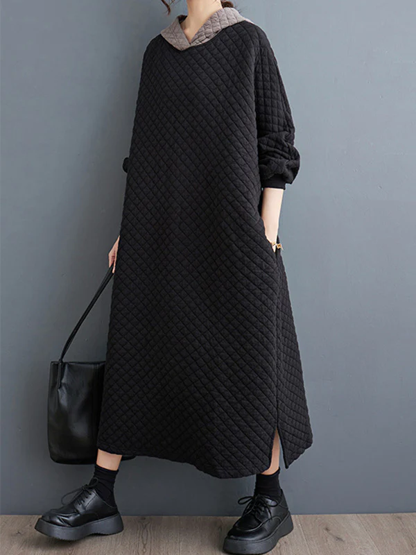 A-Line Long Sleeves Hooded Quilted Split-Side Midi Dresses - Image 6