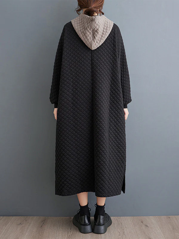 A-Line Long Sleeves Hooded Quilted Split-Side Midi Dresses - Image 7