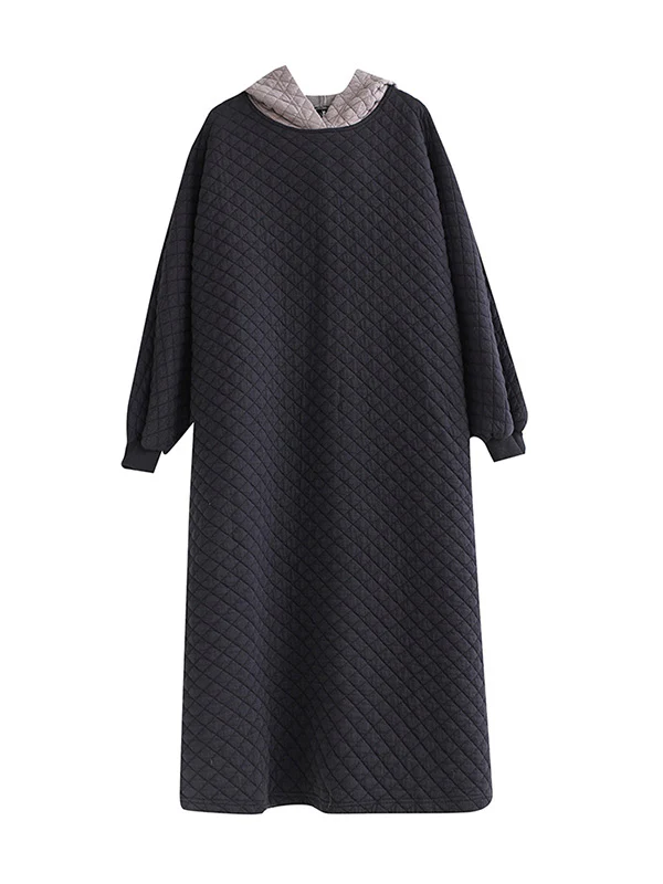 A-Line Long Sleeves Hooded Quilted Split-Side Midi Dresses - Image 8