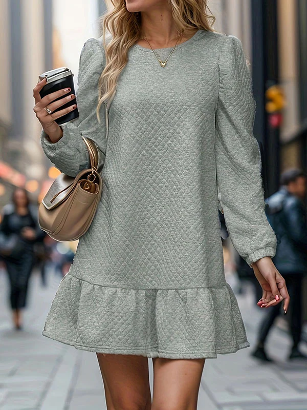 A-Line Long Sleeves Jacquard Pleated Solid Color Split-Joint Round-Neck Mini Dresses