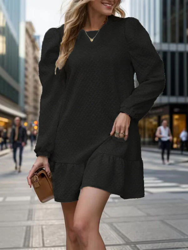 A-Line Long Sleeves Jacquard Pleated Solid Color Split-Joint Round-Neck Mini Dresses - Image 3
