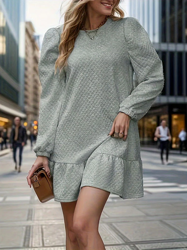 A-Line Long Sleeves Jacquard Pleated Solid Color Split-Joint Round-Neck Mini Dresses - Image 5