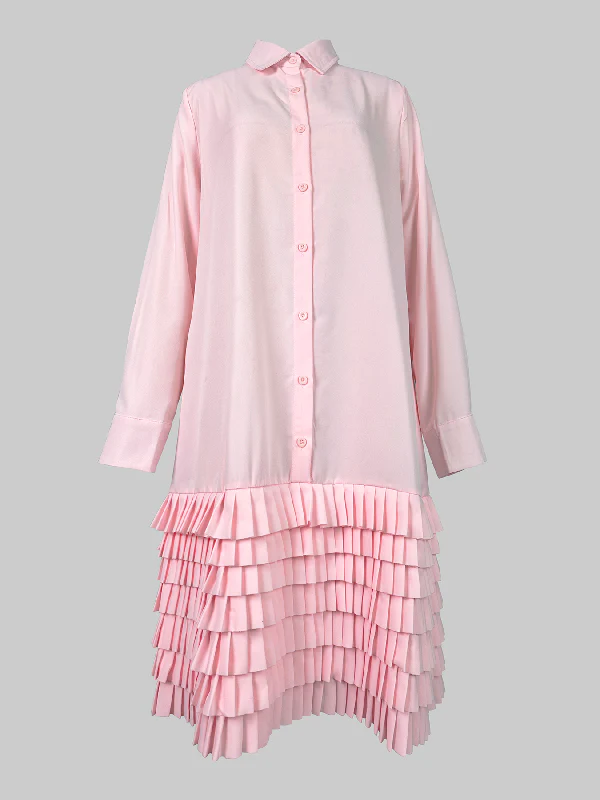 A-Line Long Sleeves Layered Pleated Pockets Solid Color Split-Joint Lapel Midi Dresses Shirt Dress - Image 10