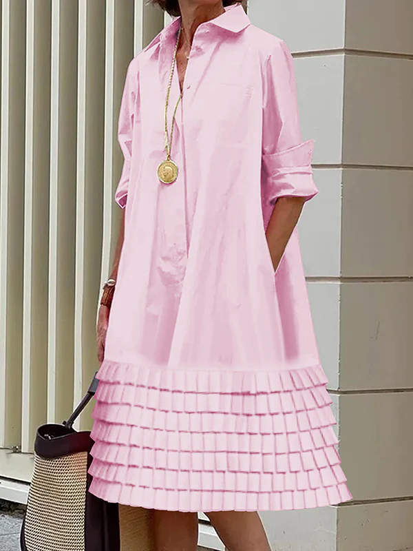 A-Line Long Sleeves Layered Pleated Pockets Solid Color Split-Joint Lapel Midi Dresses Shirt Dress - Image 2