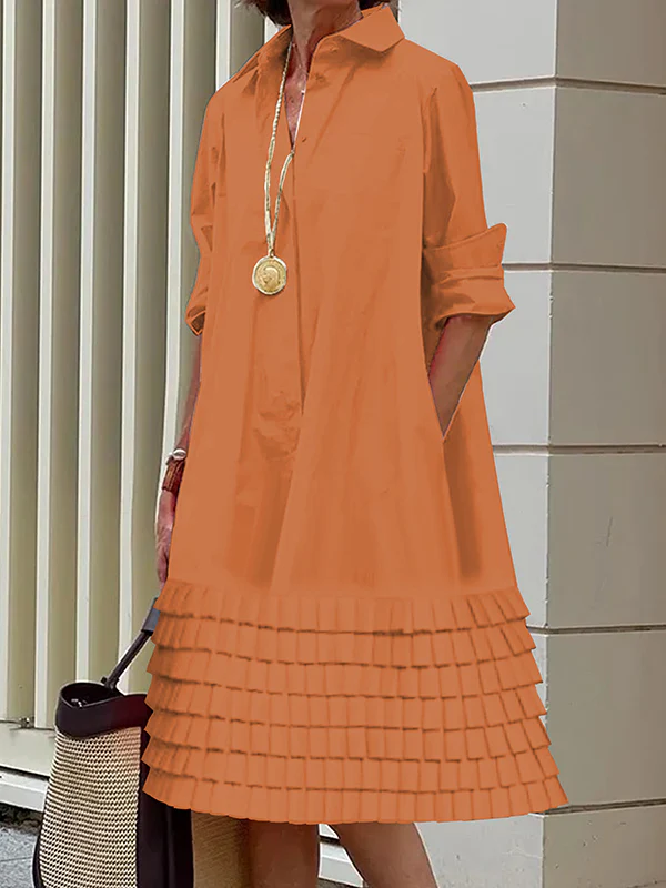 A-Line Long Sleeves Layered Pleated Pockets Solid Color Split-Joint Lapel Midi Dresses Shirt Dress - Image 3