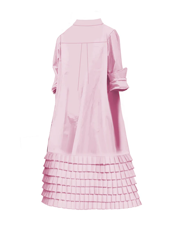 A-Line Long Sleeves Layered Pleated Pockets Solid Color Split-Joint Lapel Midi Dresses Shirt Dress - Image 4