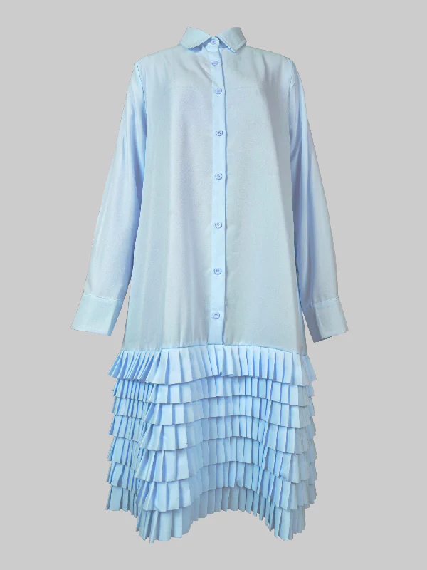 A-Line Long Sleeves Layered Pleated Pockets Solid Color Split-Joint Lapel Midi Dresses Shirt Dress - Image 5