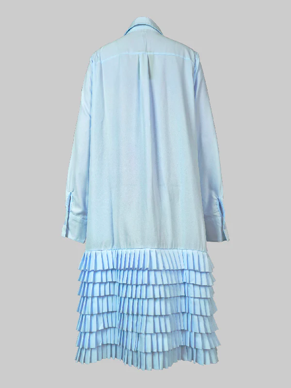 A-Line Long Sleeves Layered Pleated Pockets Solid Color Split-Joint Lapel Midi Dresses Shirt Dress - Image 6