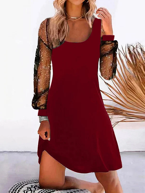 A-Line Long Sleeves Mesh Split-Joint U-Neck Mini Dresses - Image 3