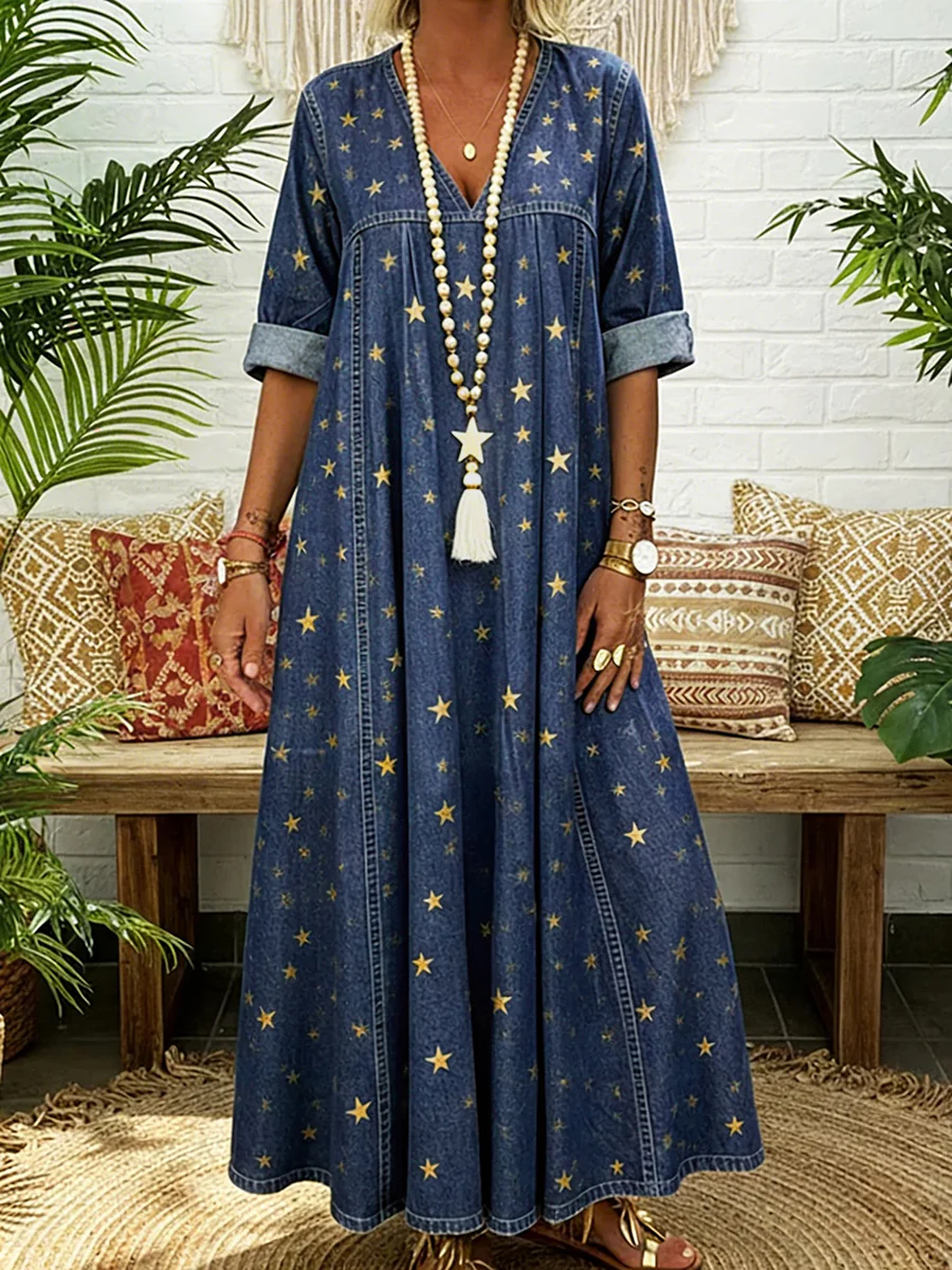 A-Line Long Sleeves Pleated Pockets Printed Split-Joint V-Neck Maxi Dresses