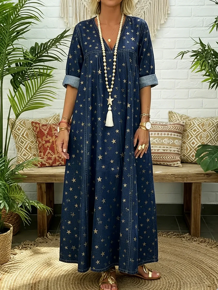 A-Line Long Sleeves Pleated Pockets Printed Split-Joint V-Neck Maxi Dresses - Image 2