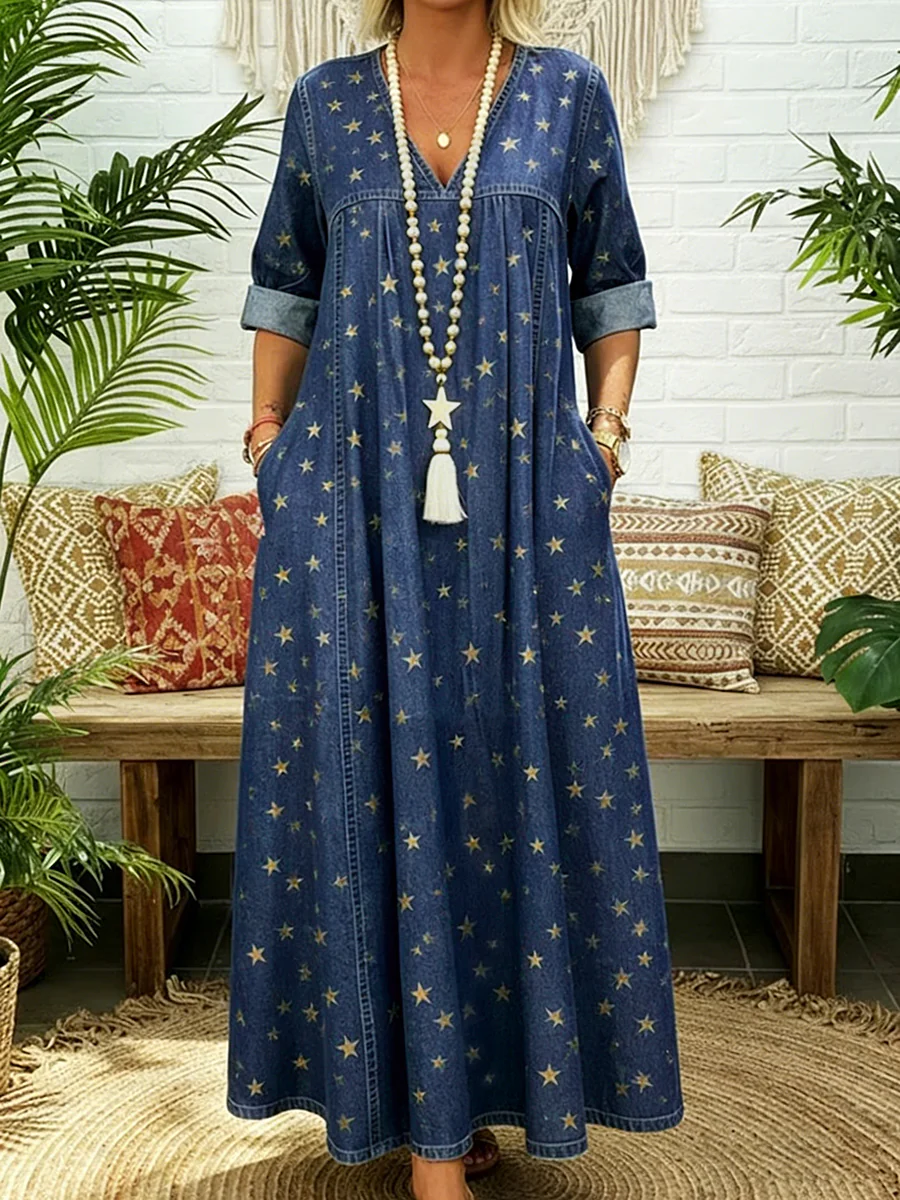 A-Line Long Sleeves Pleated Pockets Printed Split-Joint V-Neck Maxi Dresses - Image 3