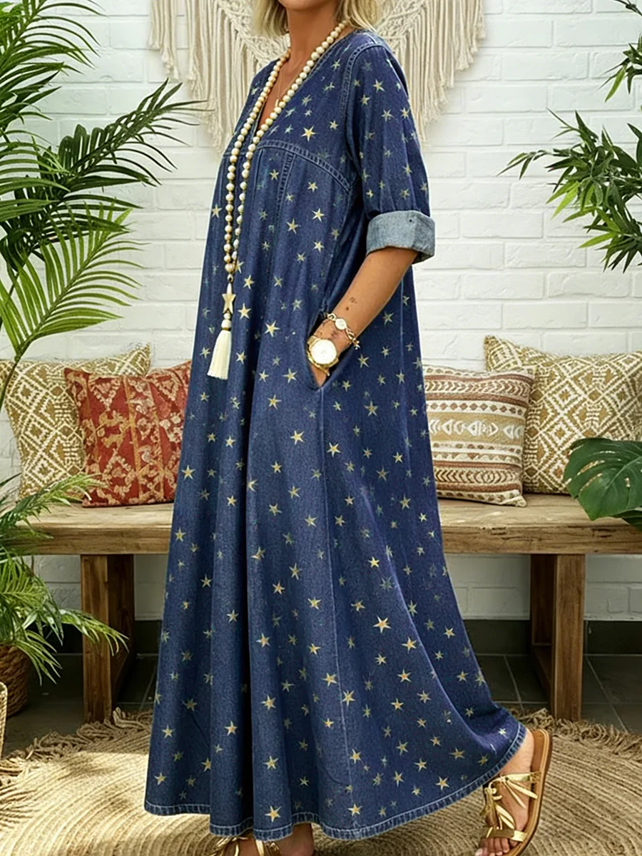 A-Line Long Sleeves Pleated Pockets Printed Split-Joint V-Neck Maxi Dresses - Image 4