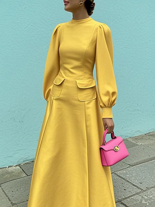 A-Line Long Sleeves Pleated Pockets Solid Color Mock Neck Maxi Dresses - Image 2