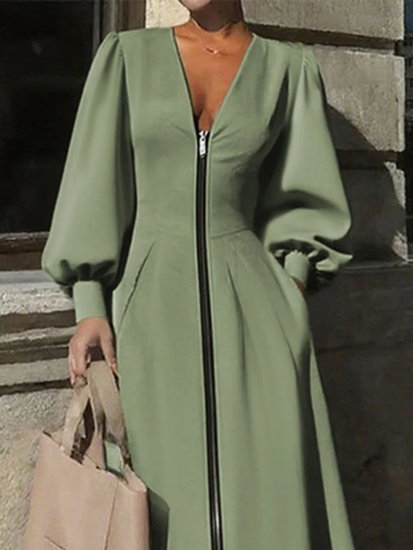 A-Line Long Sleeves Pleated Pockets Solid Color Zipper V-Neck Midi Dresses - Image 2