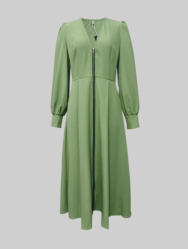 A-Line Long Sleeves Pleated Pockets Solid Color Zipper V-Neck Midi Dresses - Image 4
