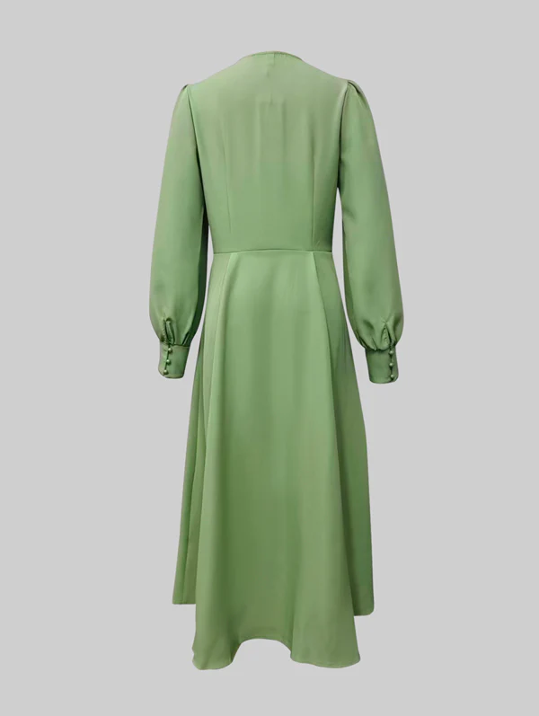 A-Line Long Sleeves Pleated Pockets Solid Color Zipper V-Neck Midi Dresses - Image 5