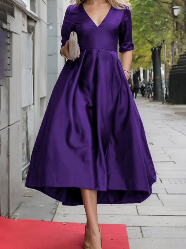 A-Line Long Sleeves Pleated Pockets Solid Color Zipper V-Neck Midi Dresses - Image 2