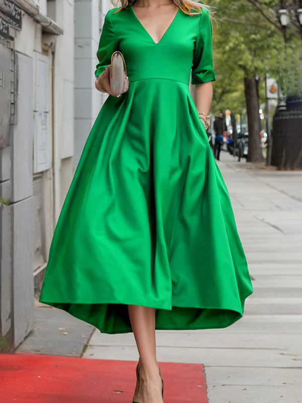 A-Line Long Sleeves Pleated Pockets Solid Color Zipper V-Neck Midi Dresses - Image 3