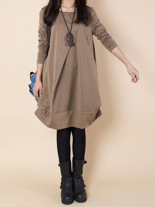 A-line Long Sleeves Pleated Solid Color Round-neck Dresses Maxi Dresses - Image 10