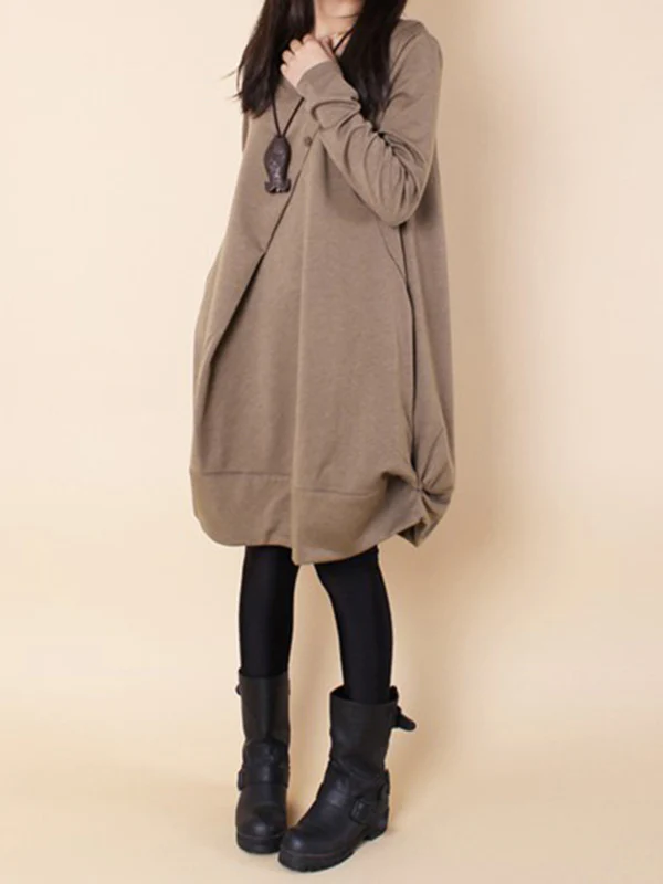 A-line Long Sleeves Pleated Solid Color Round-neck Dresses Maxi Dresses - Image 11