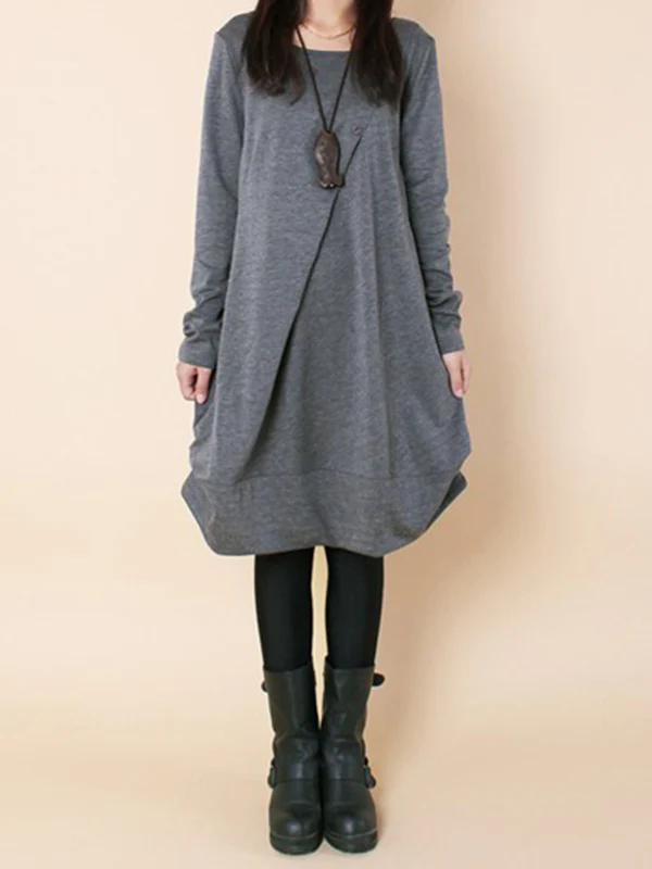 A-line Long Sleeves Pleated Solid Color Round-neck Dresses Maxi Dresses - Image 14