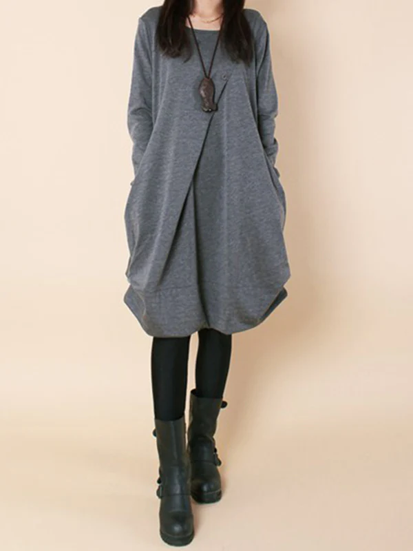 A-line Long Sleeves Pleated Solid Color Round-neck Dresses Maxi Dresses - Image 15