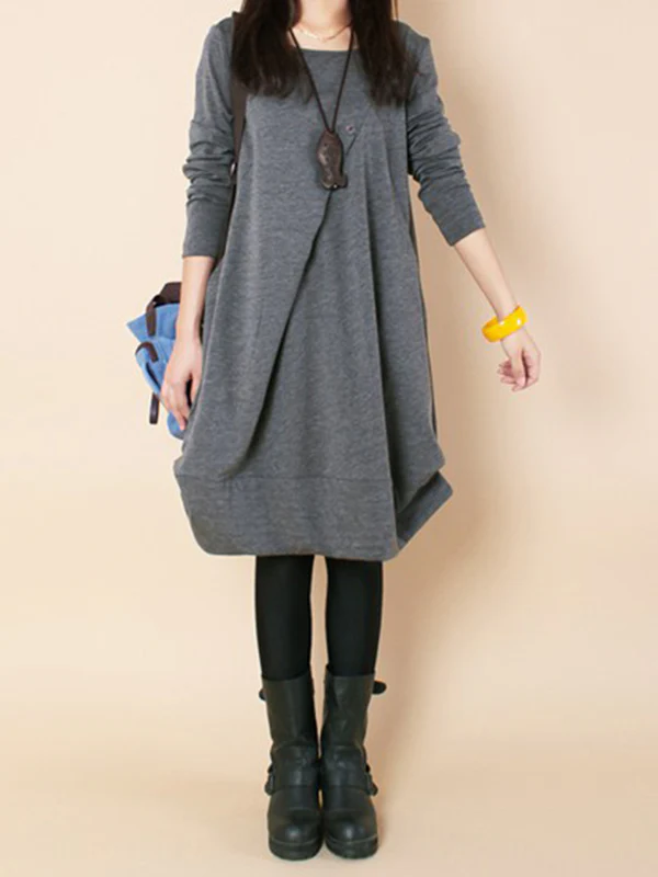A-line Long Sleeves Pleated Solid Color Round-neck Dresses Maxi Dresses - Image 16